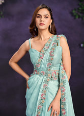 Aqua Blue Crape Satin Silk Embroidered Ready to Wear Saree